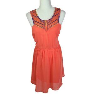 Almost Famous Corral Orange Embroidered Sleeveless Mini Chiffon Dress